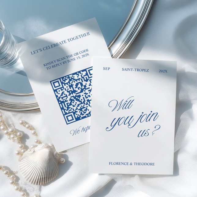 Código QR Tarjeta RSVP de Boda Azul y Blanco Moder (QR Code Modern Blue & White Wedding RSVP Card)