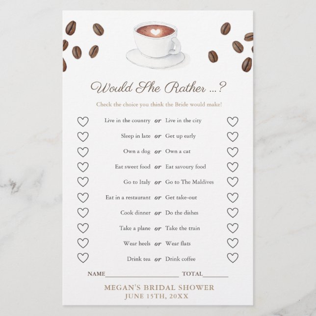 Coffee Preferiría Boda Ducha Tarjeta De Juego (Anverso)