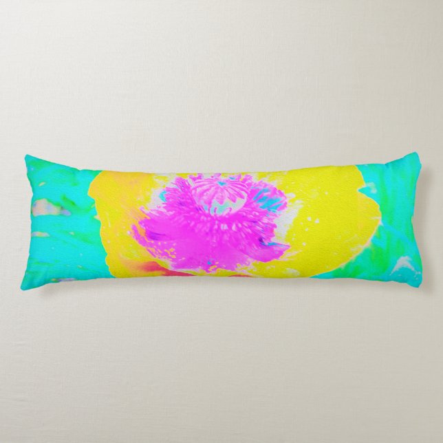 Cojín Adormidera amarilla con centro rosado caliente en  (Anverso)