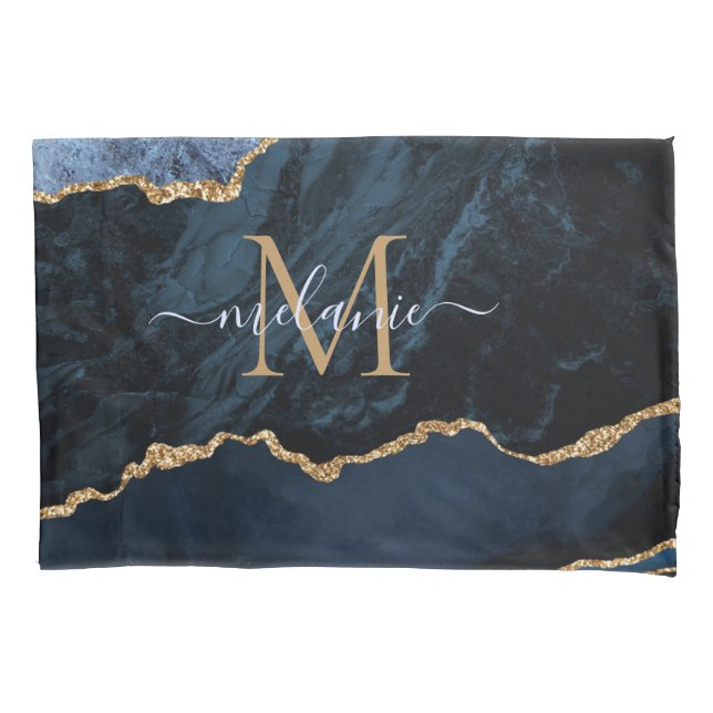 Cojín Agate Navy Blue Gold Letra Funda de almohada (Anverso)