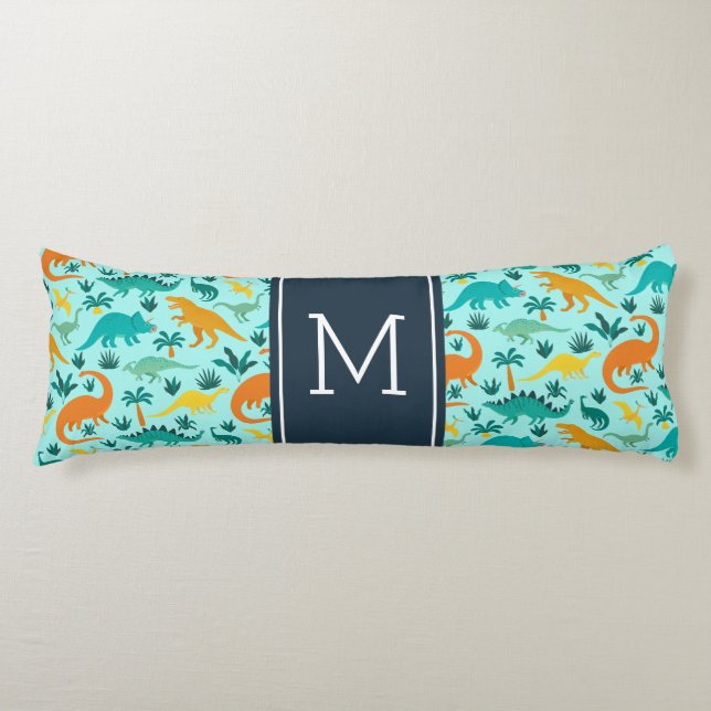 Cojín Aguamarina | Monograma de patrón de dinosaurio cut (Anverso)