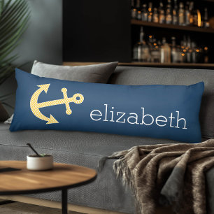 Cojín Ancla náutica con patrón de cheurón amarillo de la