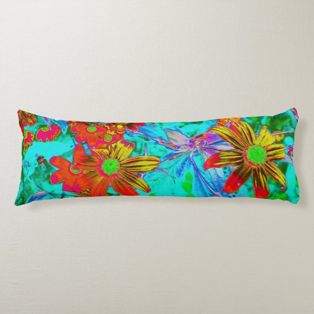 Cojín Aqua Tropical con flores amarillas y Naranjas (Anverso)