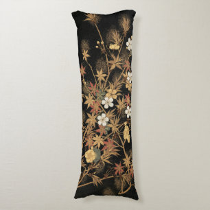 Cojín Arte Floral de Otoño Vintage Japonés Negro Dorado