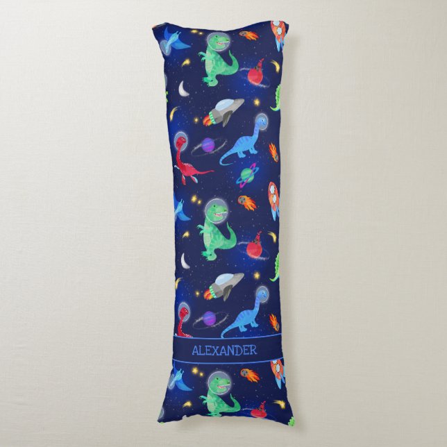 Cojín Astronautas Dinosaurios Acuarela En Espacio Azul (Frente vertical)