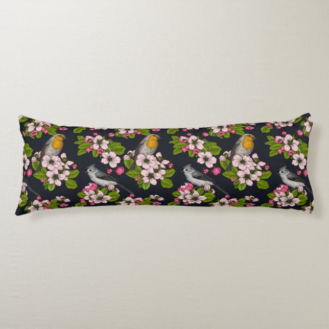 Cojín Aves y flores en negro (Anverso)