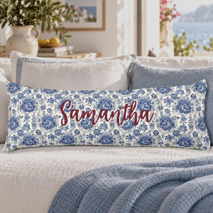 Cojín Azul Chic Monograma Floral Chinoiserie Blanco