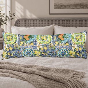 Cojín Azulejos Florales de Citricos Sicilianos Turquesa