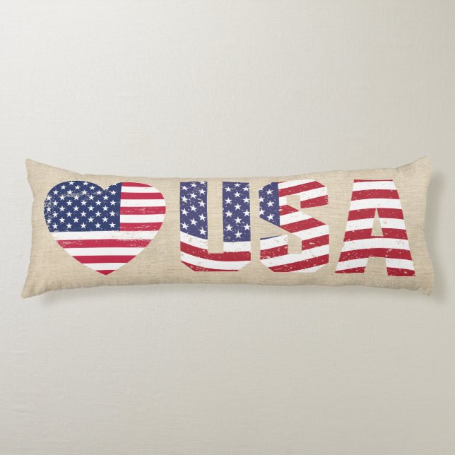 Cojín Bandera Patriótica Love Heart USA Country Burlap S (Anverso)