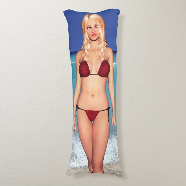 Cojín Bebé rubio de la playa del bikini (Frente vertical)