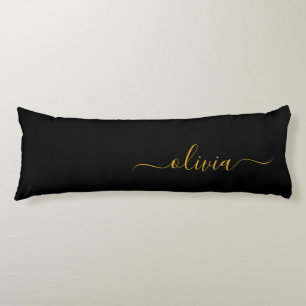 Cojín Black Gold Modern Script Girly Monograma Nombre