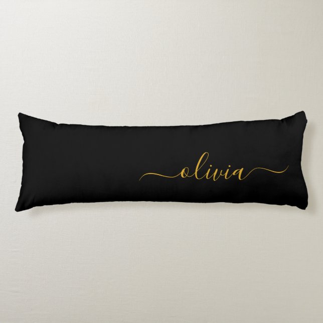 Cojín Black Gold Modern Script Girly Monograma Nombre (Anverso)