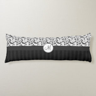 Cojín Black on White Floral Curls, Stripes & Monograma