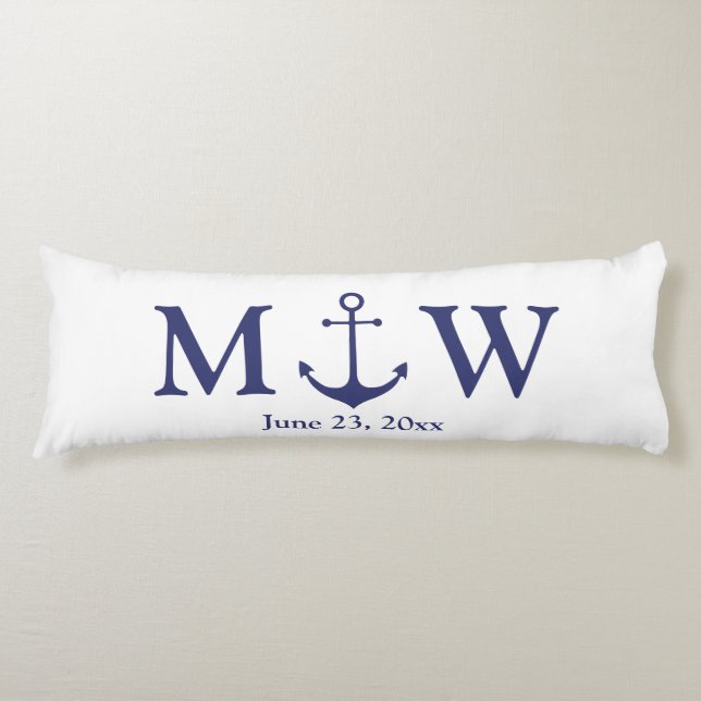 Cojín Boda anclaje náutico monograma blanco azul marino (Anverso)