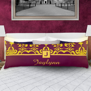 Cojín Burgundy Gold Damasco Monograma Nombre Personaliza