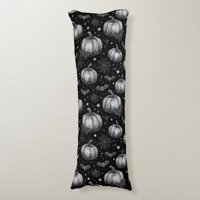 Cojín Calabaza de Halloween en blanco y negro, murciélag (Frente vertical)