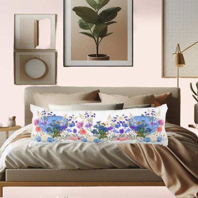 Cojín Calabaza de otoño suave Pastel azul acuarela (Cute Fall Pumpkin Pastel Blue Botanical Watercolor Body Pillow)