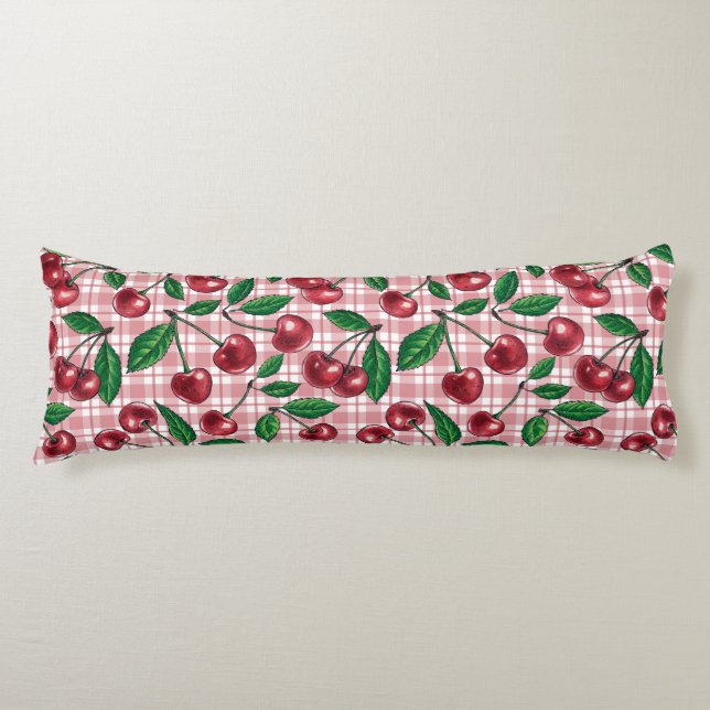 Cojín Cerezas rojas en gingham rosa (Anverso)
