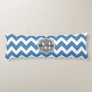 Cojín Chevron azul, Personalizado floral gris monograma