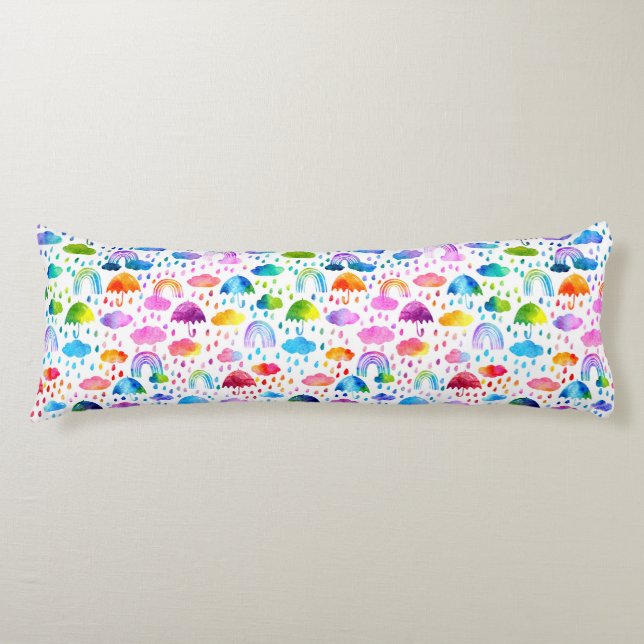 Cojín Chicas del día lluvioso de los paraguas arcoiris a (Anverso)