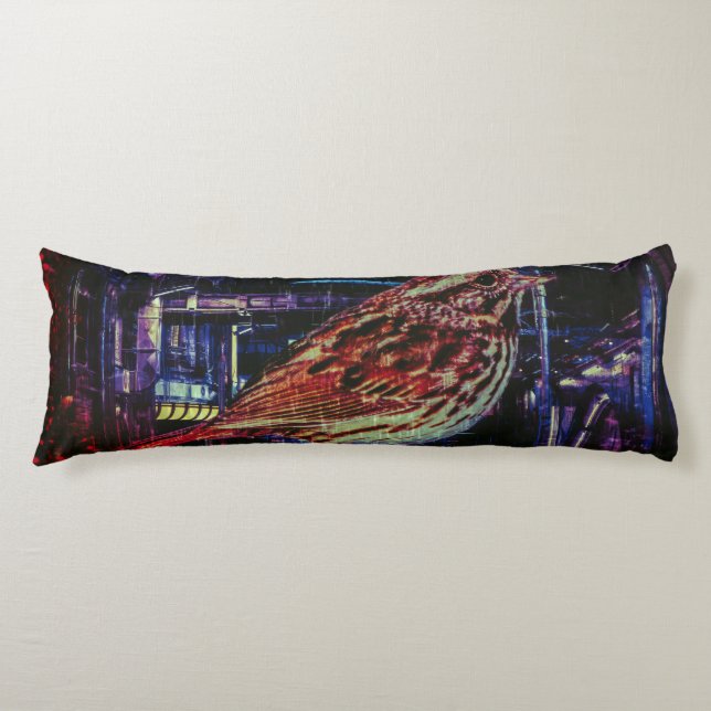 Cojín Ciberpunk Sparrow en Neon Cityscape (Anverso)