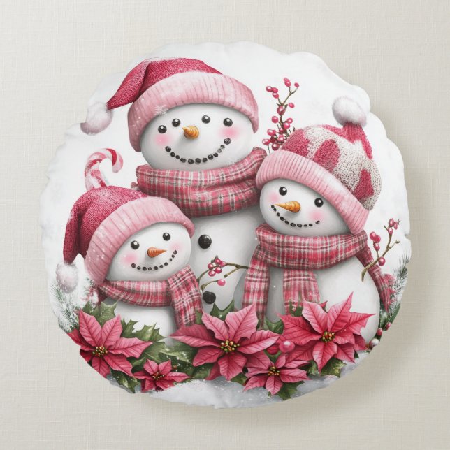 Cojín circular de la familia Santa Snowman (Anverso)