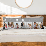 Cojín Collage de fotos boda 7 Imagen Gris Blanco CASADO<br><div class="desc">almohada personalizada de cuerpo de fotos de boda con MARRIED impresa en tipografía elegante. El diseño tiene una paleta de colores neutros en gris y blanco, que se puede editar para adaptarse a la decoración de tu casa. (Mándame un mensaje si necesitas ayuda.) La plantilla de fotos está configurada para...</div>
