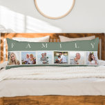 Cojín Collage de fotos FAMILIAR 6 Imagen Pillow Green Bo<br><div class="desc">almohada larga personalizada con la palabra FAMILIA escrita encima de tus fotos. La plantilla de fotos está configurada para que añadas 6 de tus imágenes favoritas, que se muestran en formato cuadrado en un sencillo collage de fotos de estilo tira. Esta elegante y elegante decoración personalizado, de color verde sabio...</div>