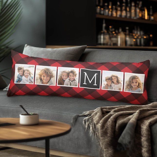 Cojín Collage de fotos - Monograma Rojo Negro Tapado de  (Custom Photo Collage and Monogram Body Pillow)