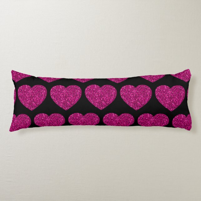 Cojín Corazón rosa caliente patrón de brillo falso negro (Anverso)