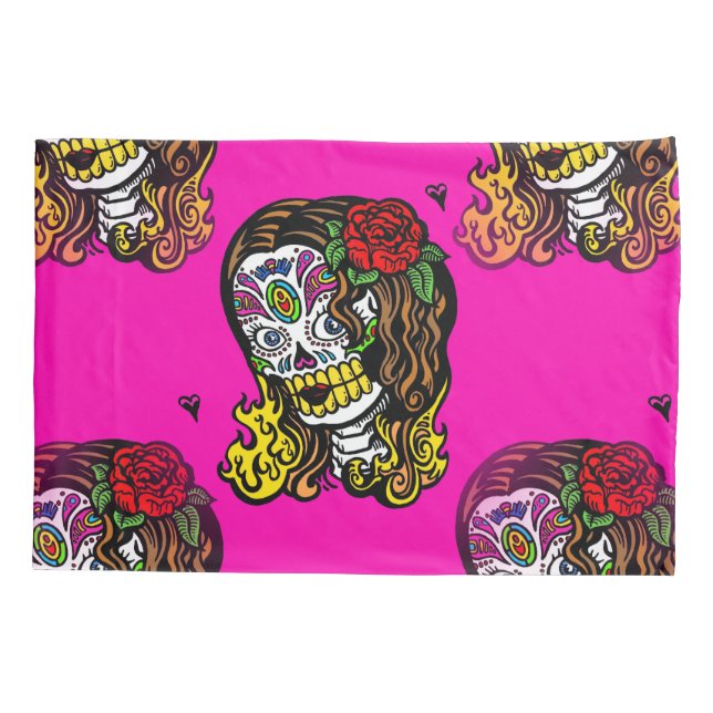 Cojín cráneo de azúcar chica almohada funda almohada (Reverso)