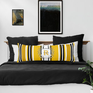 Cojín Crestón de monograma Amarillo Negro Rayas Apellido