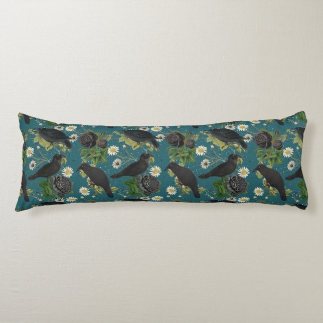 Cojín Crows de gótico y Rosas negros Patrón Verde azulad (Anverso)