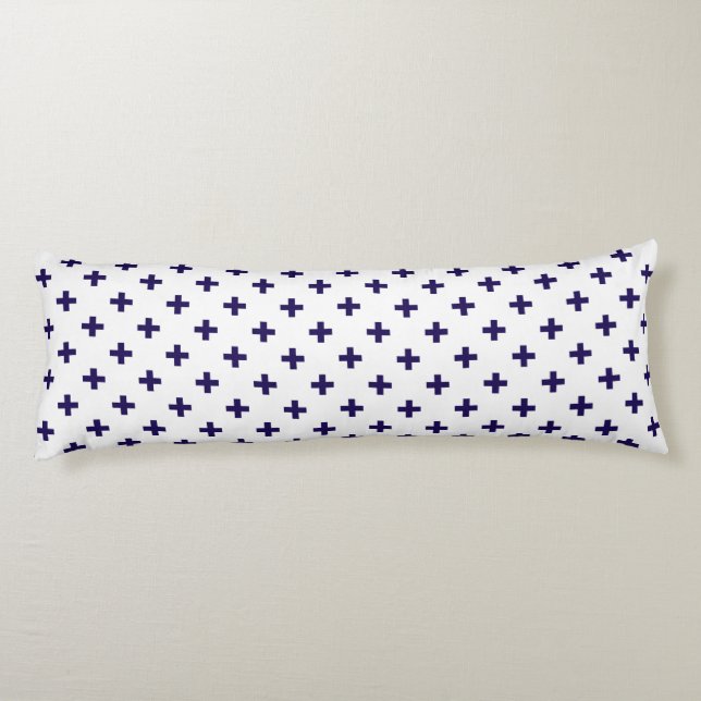 Cojín Cruces de polka azul marino sobre blanco (Reverso)