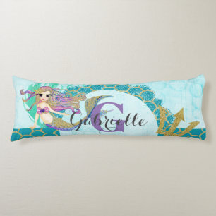 Cojín Cute Monograma Sirena Aguamarina y Morado Acuarela