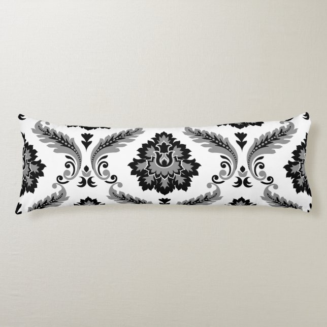 Cojín Damascado Rococó Gris Negro Blanco Patrón Grande (Anverso)