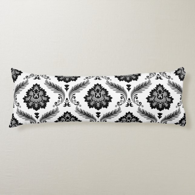 Cojín Damascado Rococó Patrón Grande Gris Negro Blanco (Anverso)