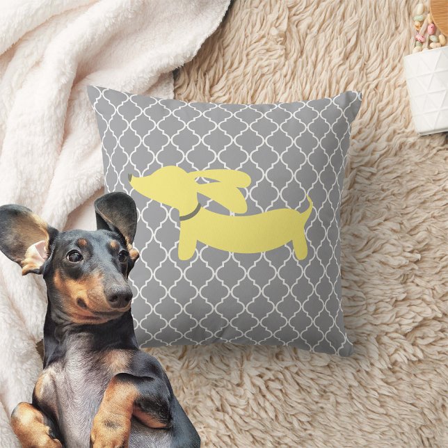 Cojín de almohada gris amarillo moderno Dachshund (Yellow and gray dachshund pillow cushion)