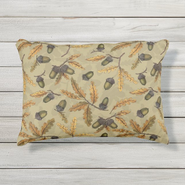 Cojín De Exterior Acorns y hojas de roble en crudo (Anverso)