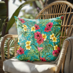 Cojín De Exterior Acuarela Floral Tropical Hojas de Palma Verde Azul
