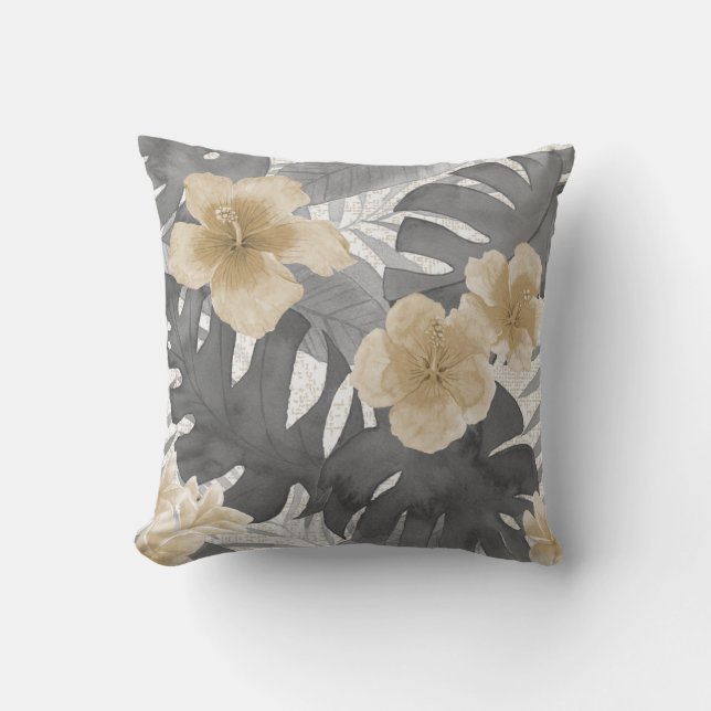 Cojín De Exterior Acuarela Luana Floral Gris Tropical Reversible  (Anverso)