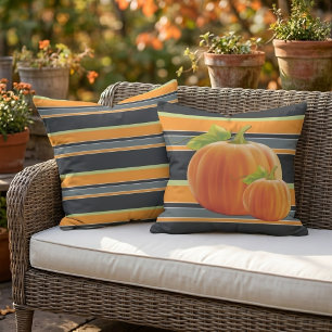 Cojín De Exterior Adorable Calabaza Naranja Sobre Patrón de Rayas Vi