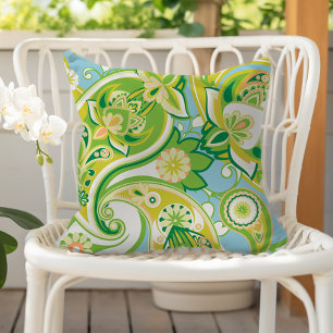 Cojín De Exterior Alegre Paisley Floral Verde Amarillo Azul