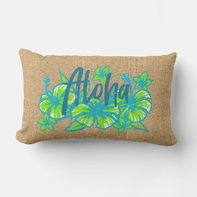 Cojín De Exterior Aloha Kakahiaka Hawaiian Hibiscus Faux Grass Cloth (Anverso)