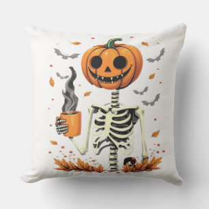 Cojín De Exterior Amante del café con cabeza de calabaza esqueleto d