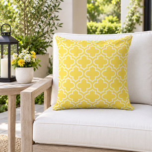 Cojín De Exterior Amarillo Brillante Blanco Trellis de Cuatro Hojas