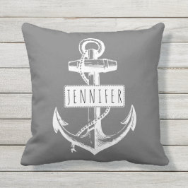 Cojín De Exterior Anclaje vintage y nombre náutico gris reversible