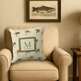 Cojín De Exterior Anzuelos Antiguos de Pesca con Mosca Acuarela Náut