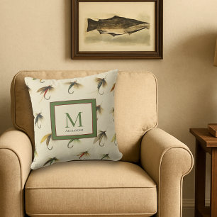 Cojín De Exterior Anzuelos Antiguos de Pesca con Mosca Acuarela Náut