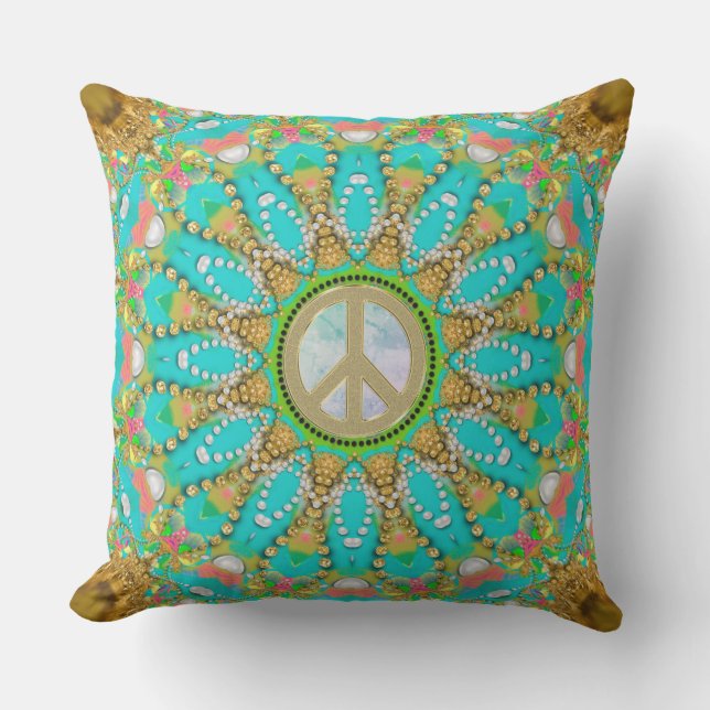 Cojín De Exterior Aqua Gold Groovy Glam Peace Mandala (Anverso)